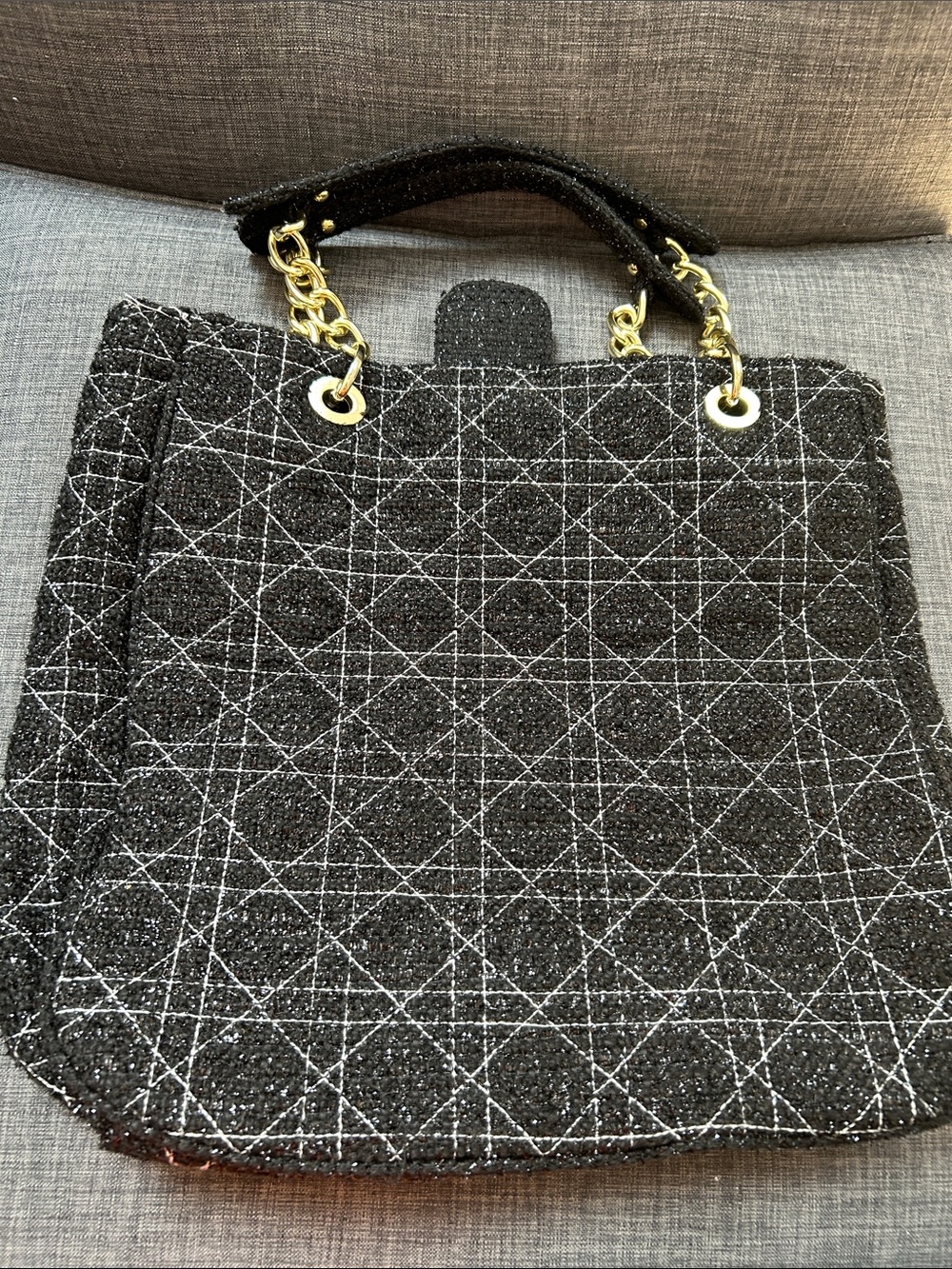Mark Black Quilted Tweed Tote Bag with Gold Chain Handles